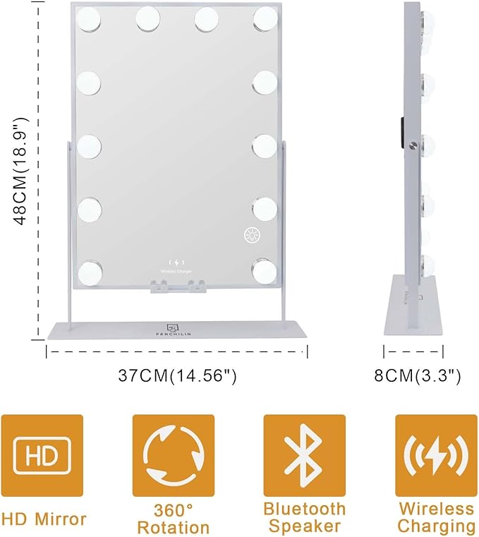 FENCHILIN Lighted Makeup Mirror Hollywood Mirror Vanity Makeup Mirror with Light Smart Touch Control 3Colors Dimmable Light Detachable 10X Magnification 360°Rotation(Ivory)