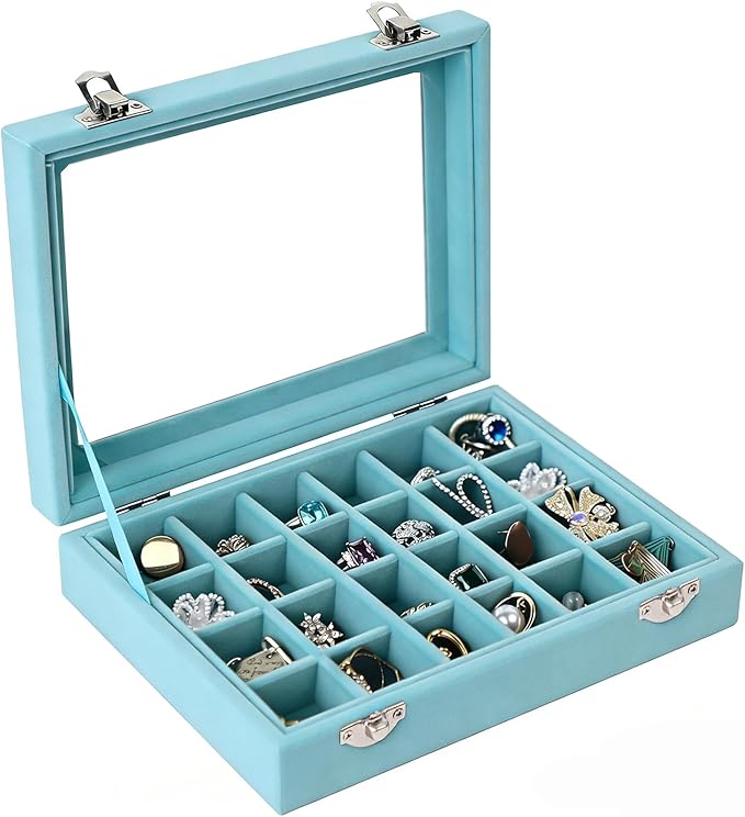 Velvet Jewelry Box 24 Grid Jewelry Earrings Display Organiser Box Ring Tray Holder Earrings Storage Case for Girls Women Wife Mom (Light blue)