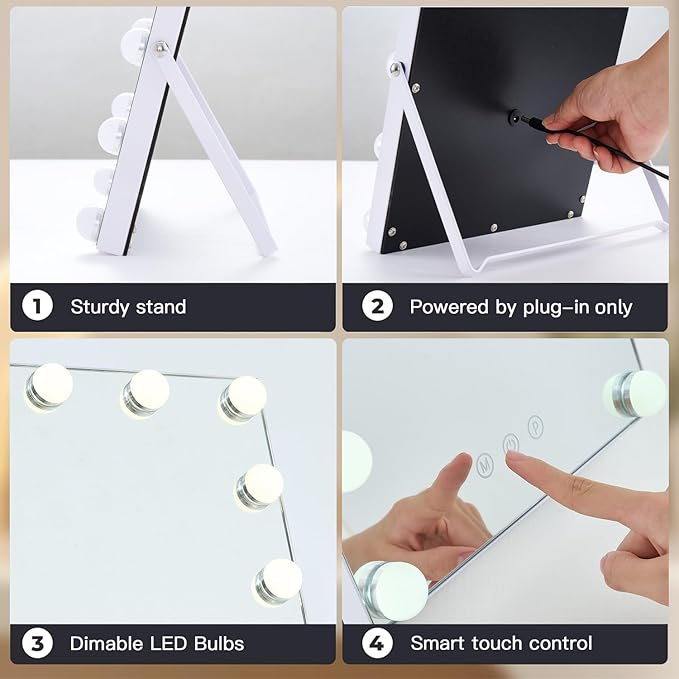 Makeup Mirror, Vanity Mirror with Lights, Hollywood Mirror with 12 Dimmable Bulbs, 3 Color Modes and 12 Dimmable Bulbs, Smart Touch Control, Gifts for Her, Dorm Room Essentials