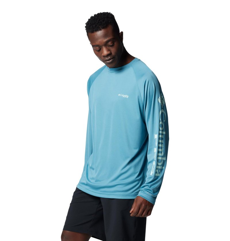 Columbia Men's Terminal Tackle Long Sleeve Fishing Shirt, Canyon Blue/ICY Morn Logo, 6X