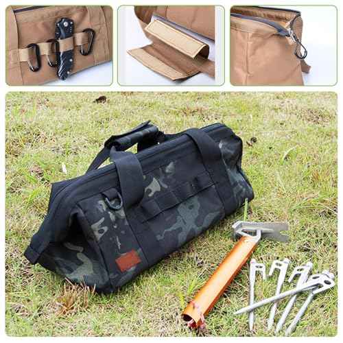 Brrnoo Large Capacity Camping Tool Bag with Wide Mouth Storage and Zipper, 1050D Oxford Cloth Waterproof Oxford Cloth Duty Tool Bag, Sturdy Bottom Tool Organizer for Outdoor Gear (Black)