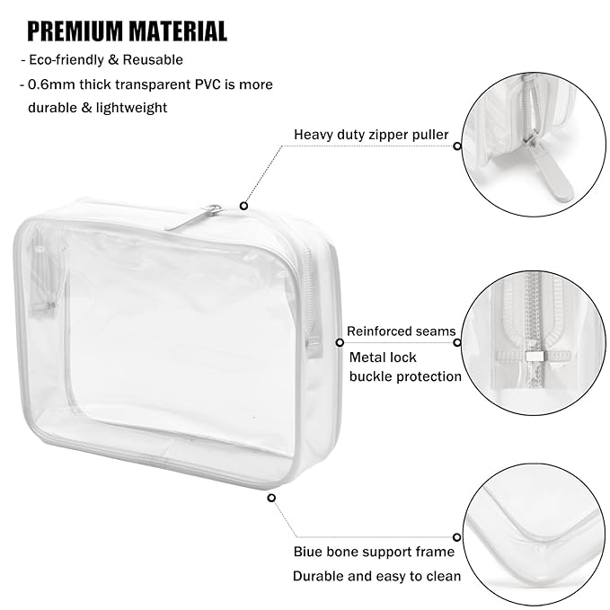 MODENGKONGJIAN TSA Approved Toiletry Bag, 3 Pcs Clear Toiletries Bags Quart Size Travel Makeup Cosmetic Bag for Women Men, Carry on Airport Airline Compliant Bag (Pearl White)