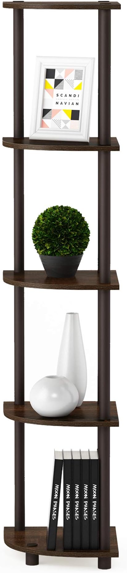 Furinno TURN-N-TUBE Corner Shelf, 5-Tier Corner Bookshelf, Open Storage Shelves, for Organization and Storage, Living Room, Home Office, Garage, Bedroom, Walnut