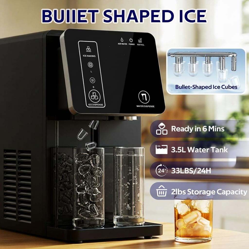 ADVWIN 3 in 1 Water Dispenser with Ice Maker, Nugget Ice Maker Countertop, Bullet & Crushed Ice, Water Cooler, 44Lbs/24H, 12 Ice Cube/6Min, Self-Cleaning, 4Lbs Storage, Home, Kitchen (26lbs/24H)