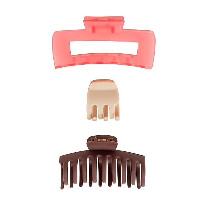 Goody SlideProof Rectangular Claw Clips - 3 Ct (1 Small + 2 Large), Warm Tones, Secure Grip Hair Styling Accessories for Women & Men, All Hair Types