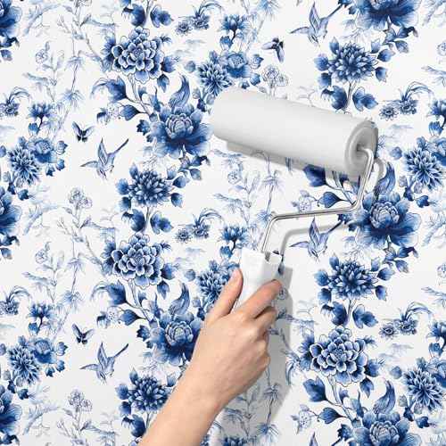 RUSPEPA Peel and Stick Wallpaper - Blue Flower White Design Self Adhesive Removable Wallpaper Decorative Waterproof Contact Paper for Cabinets, Walls - 17.3 Inch x 6.5 Feet