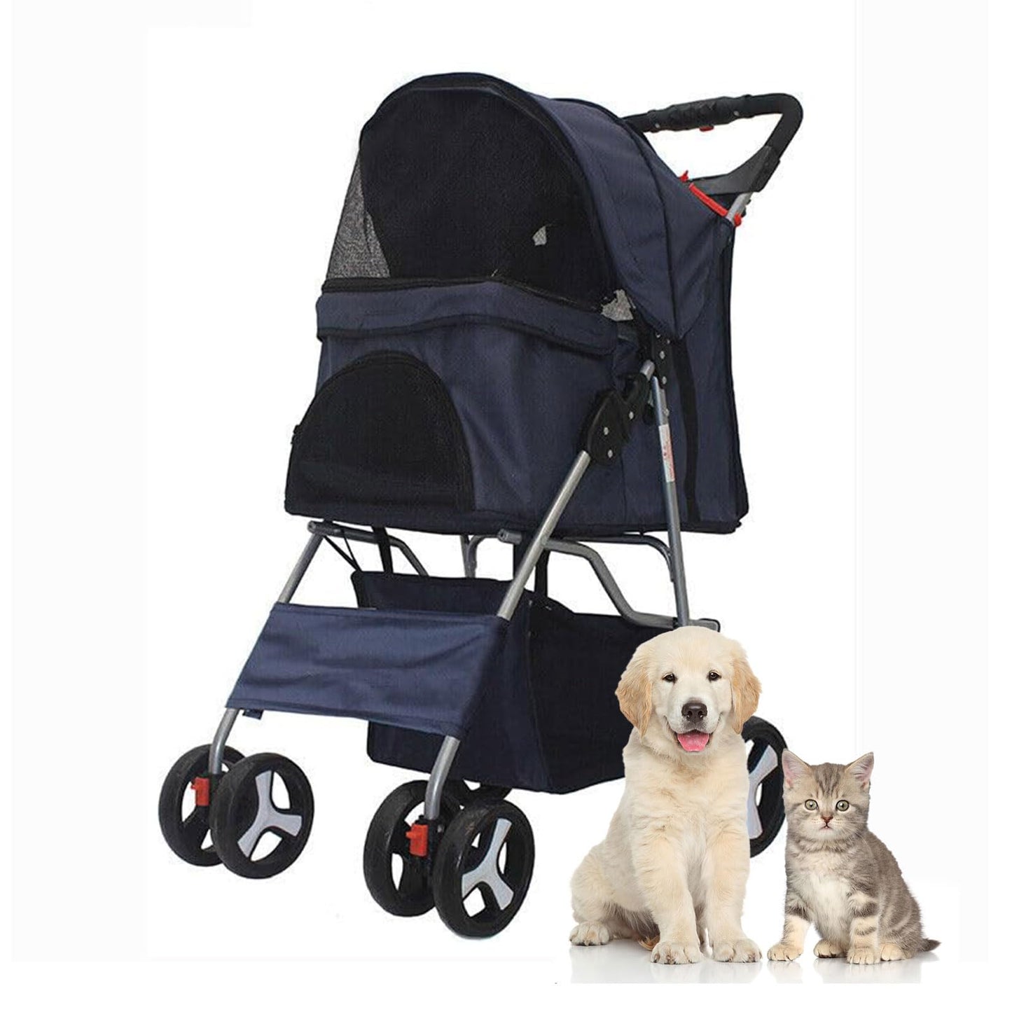 LWWJJ Pet Stroller 4 Wheels, Multifunction Dog Cat Jogger, Folding Lightweight Travel Stroller with Detachable Carrier & Cup Holder for Small/Medium Dogs and Cats, Navy Blue