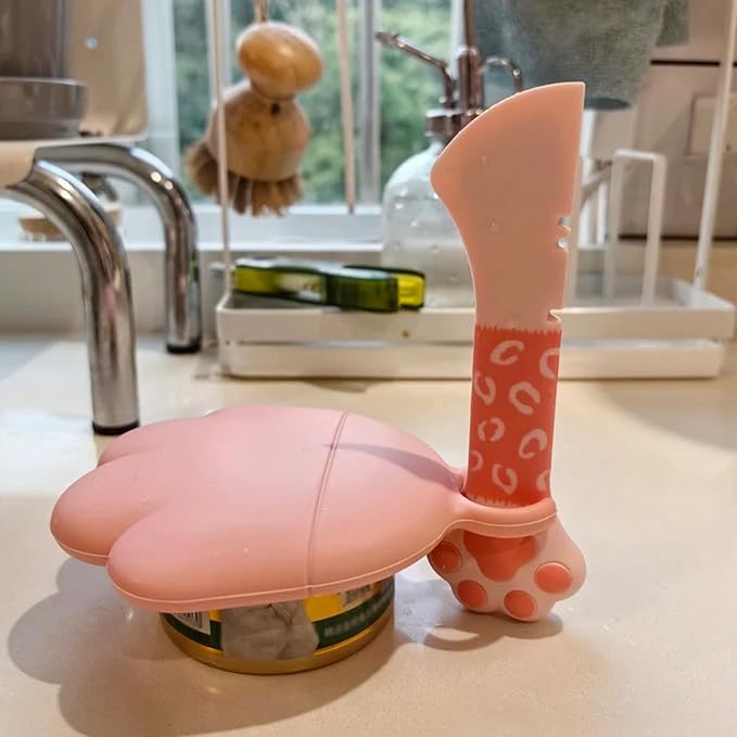 SJANE 4 Pcs Cat Food Can Spoon & Can Covers | Cute Paw Silicone Pet Food Opener Spatula & Lids | Stainless Steel Wet Food Spoon for Cats and Dogs(Pink)
