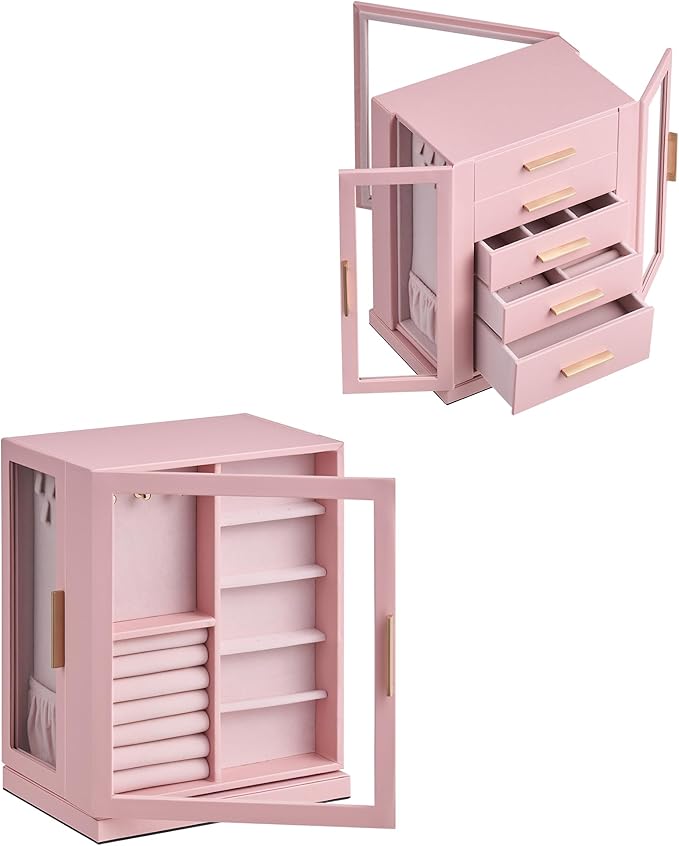Glimmloop 360ÃÂ° Rotating Jewelry Box with 5 Drawers, Spacious Vertical Jewelry Organizer with Glass Window, Jewelry Storage Case, Dustproof & Moisture-resistant Design, Pink