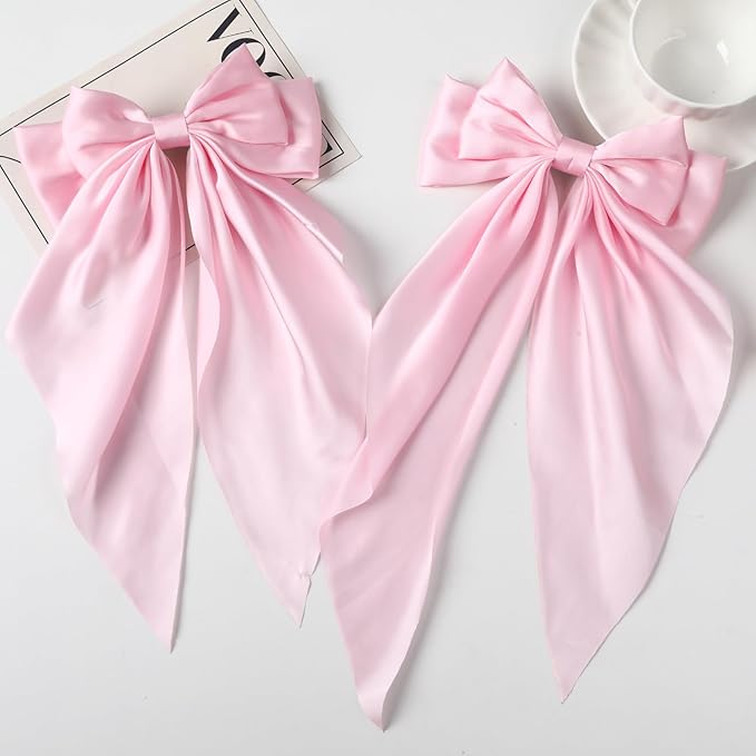 2PCS Big Hair Bow Clips for Women Girls Ã¢ÂÂ Pink Satin Ribbon Bow Barrettes with Long Tails, Large Cute Hair Accessories for Ponytail, Photoshoot & Everyday Styling
