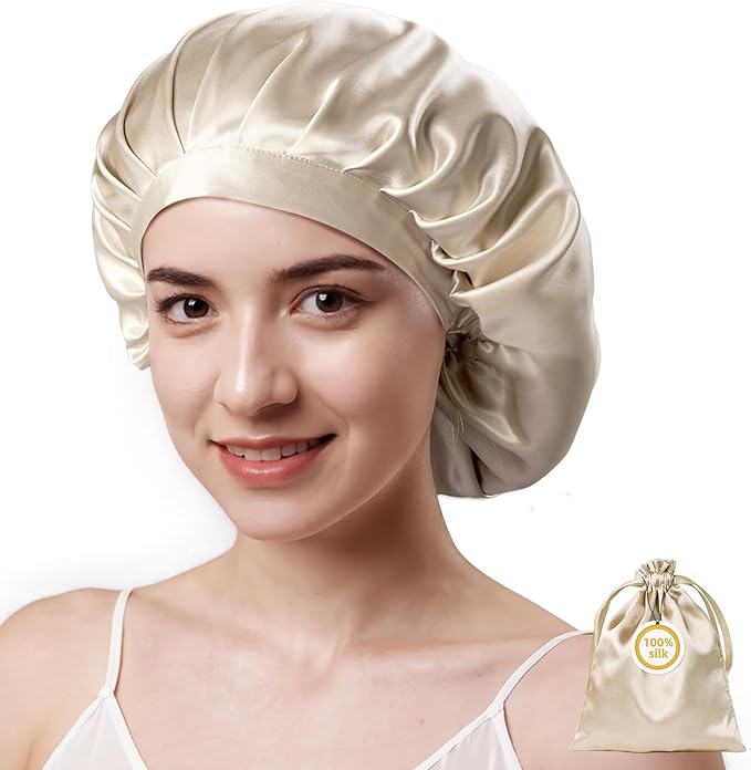 Kaome 100% Mulberry Silk Bonnet for Sleeping Women, 22 Momme Double Layer Silk Hair Wrap, Non-Slip Sleep Cap with Adjustable