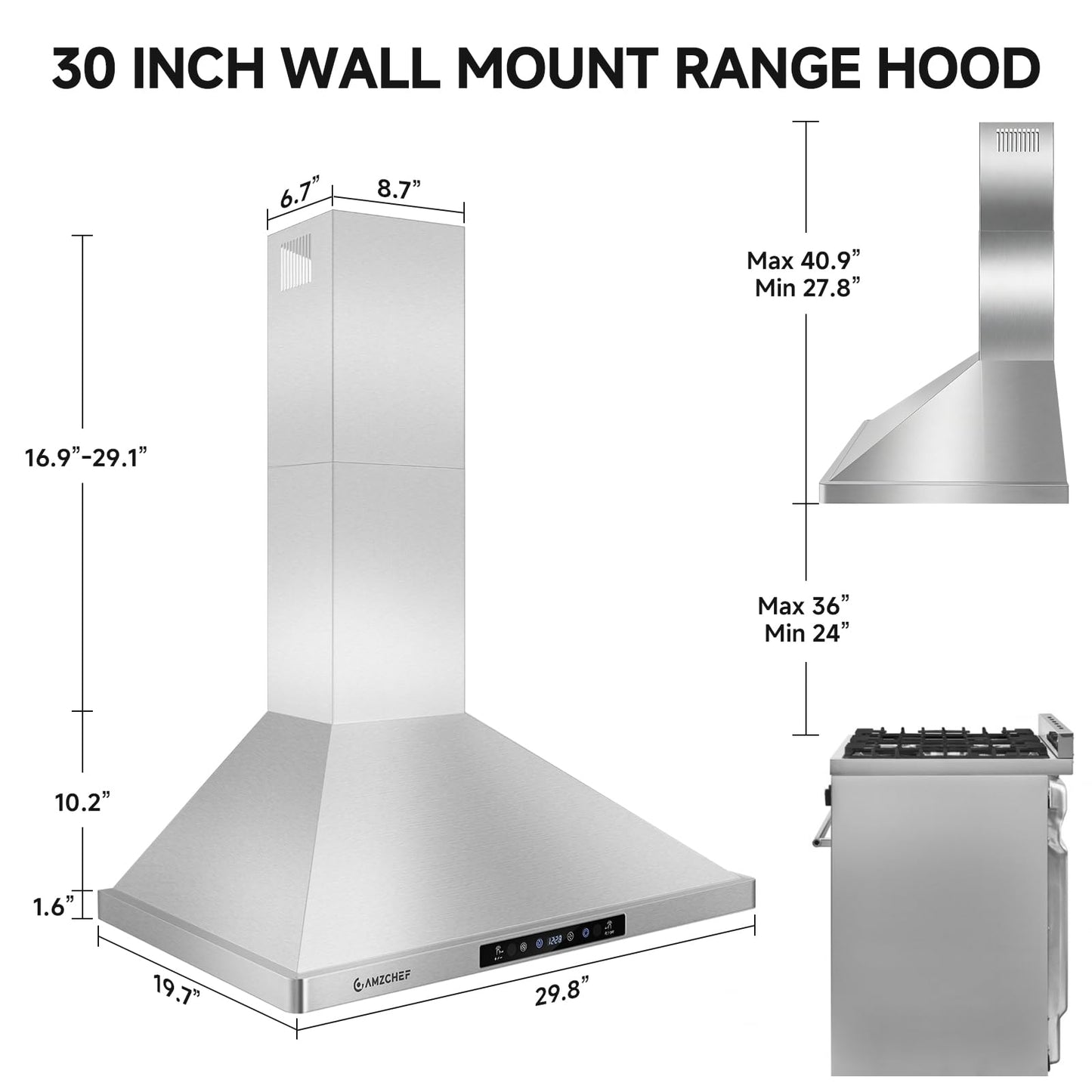 AMZCHEF Wall Mount Range Hood 30 inch: 1050 CFM Stainless Steel Kitchen Stove Vent Hood with 3 Speed Exhaust Fan, Touch/Remote/Gesture Control Kitchen Exhaust Fan with Dishwasher-Safe Baffle Filters