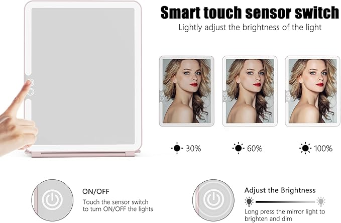 WEILY Makeup Mirror with Lights, 2000 mAh USB Rechargeable Lighted Makeup Mirror, Touch Screen 3 Colors Adjustable 72 LED Lights Compact Travel Mirror, Gift for Girls Women (Pink)