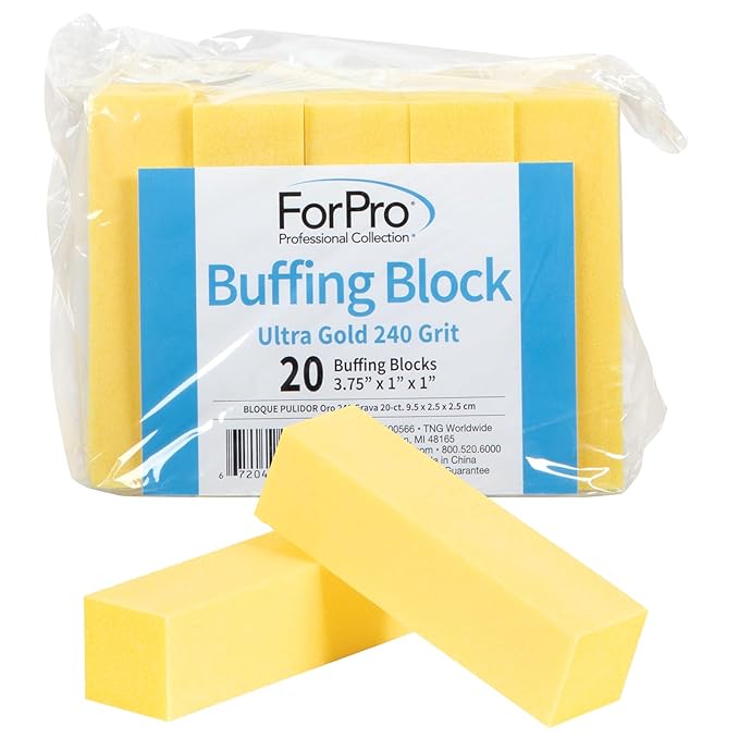 ForPro Professional Collection Ultra Gold Buffing Block, 240 Grit, Four-Sided Manicure & Pedicure Nail Buffer, 3.75" L x 1" W x 1" H, 20-Count