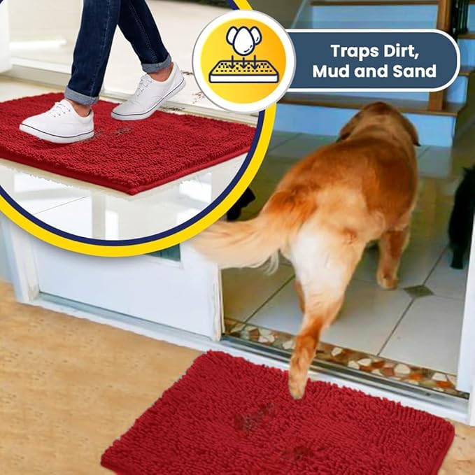 Muddy Mat® | Super Absorbent Door Mat Indoor, Microfiber Quick Dry Chenille Entryway Rug, Non-Slip Front Door Mat, Indoor Mats for Entryway, Machine Washable Pet Rug, Red 28"x18"