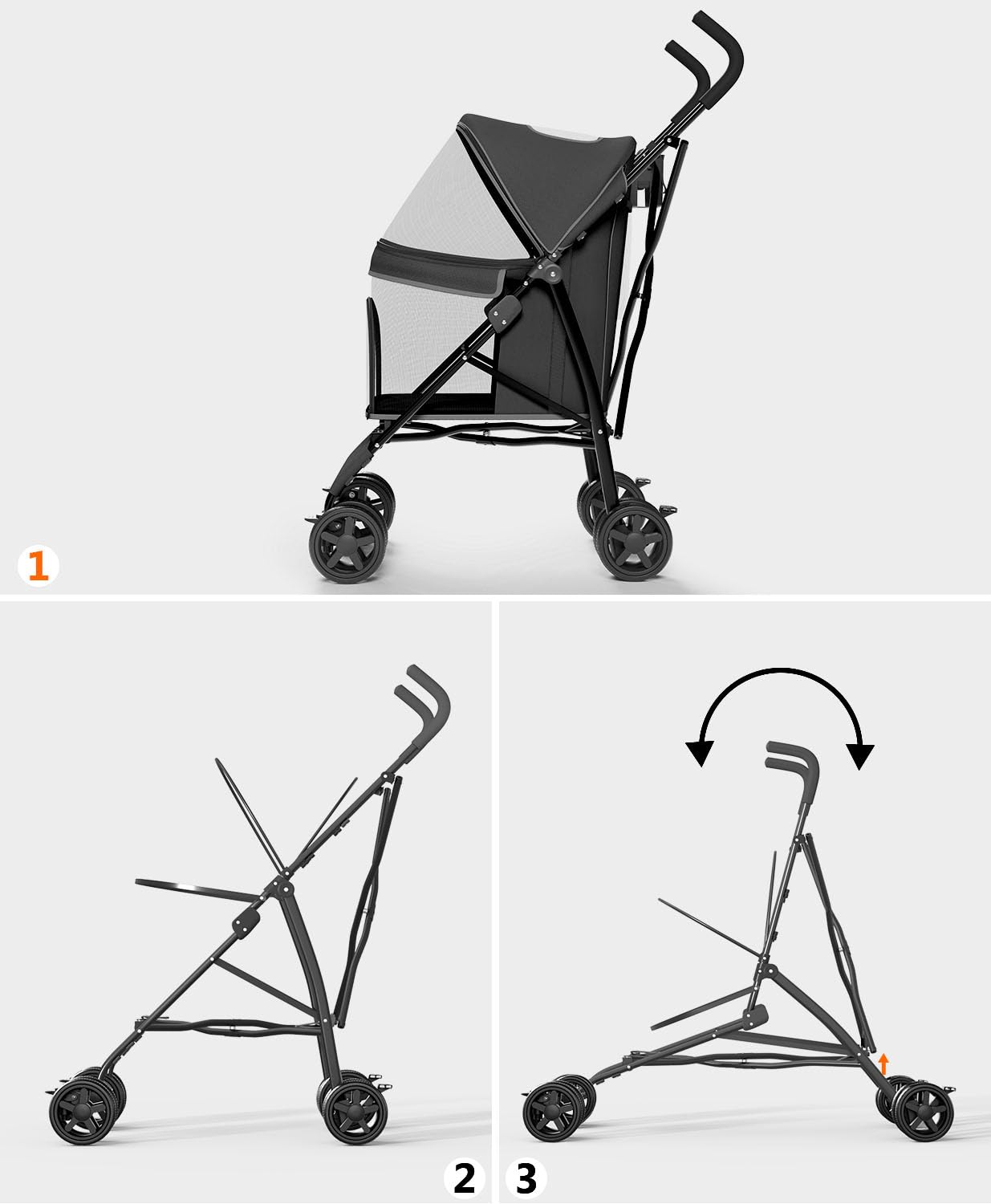 OS MOTOR Pet Stroller with 4 Wheels for Small/Medium Pets, Portable Travel Foldable Carrier Jogger for Dog Cat Puppy Kitty, Rear Wheel Breaks, Storage Basket, Visible Mesh with Weather Cover (Black)