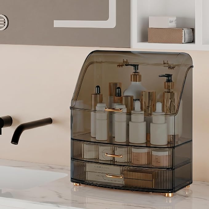 Makeup Organizer Countertop Vanity with Transparent Lid Drawers Waterproof Dustproof Cosmetic Skincare Bathroom Storage Gift for Women Teens Girls (Clear Black)