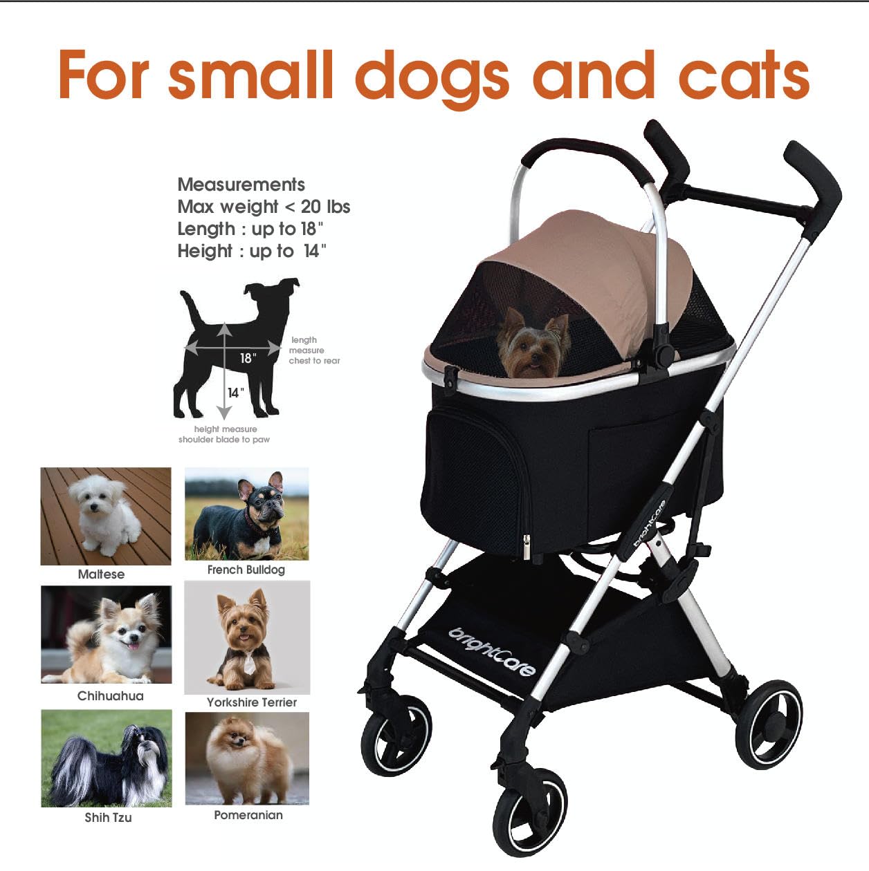 BRIGHTCARE Pet Stroller for Small Dogs & Cats Under 20 lb with Detachable Carrier, Converts to Car Seat, Ultra-Lightweight only 11lb, One Hand Fold