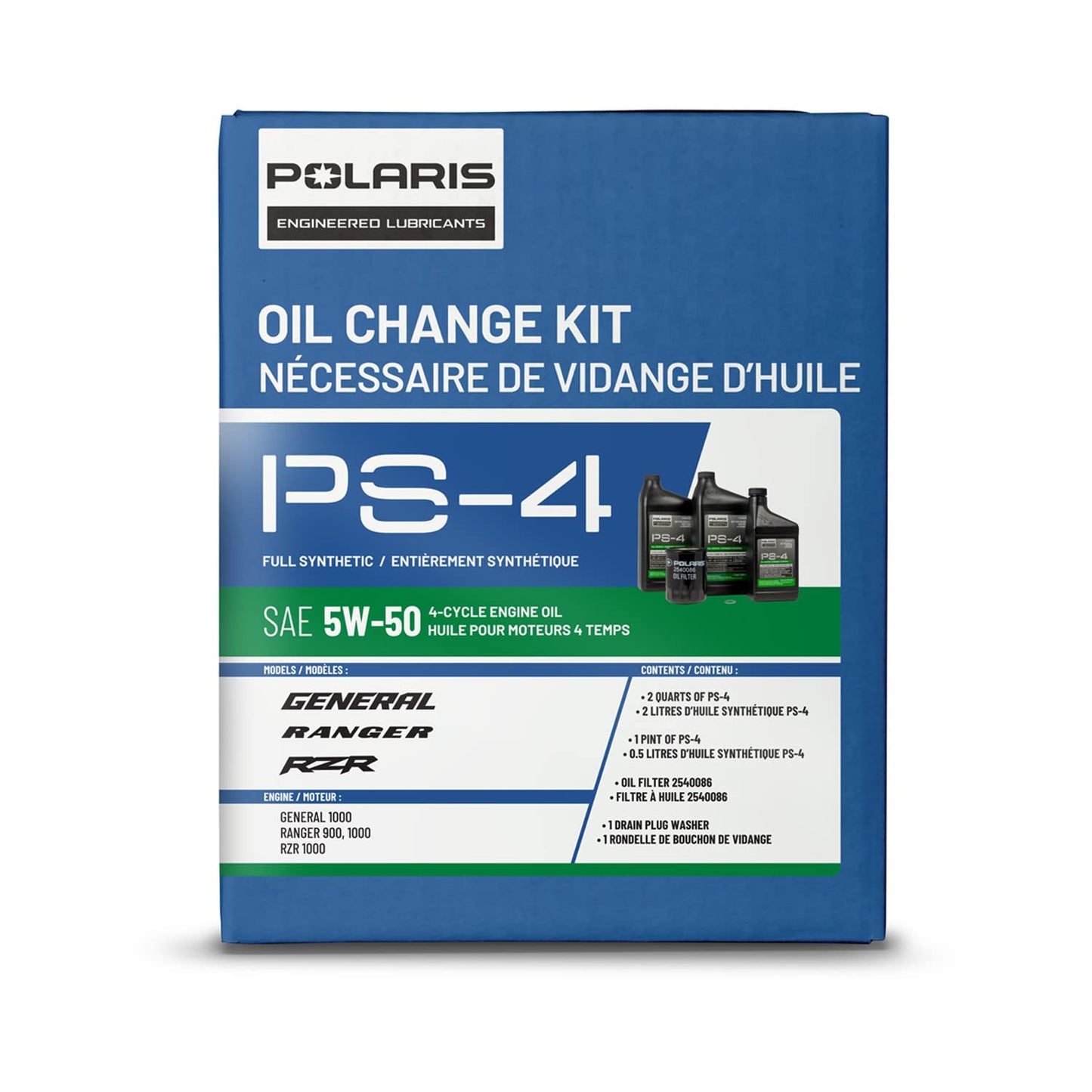 Polaris PS4 Oil Change Kit for Specific RANGER, GENERAL, RZR, ACE 900 XC Models With 4 Stroke Engine, Includes 2.5 Quarts PS-4 5W-50 Full Synthetic Oil, 1 Oil Filter, 1 Washer, UTV SxS ATV - 2879323