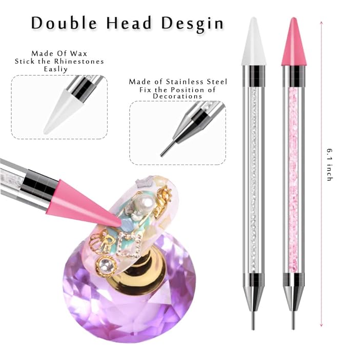 2 Pieces Nail Rhinestone Picker Dual-Ended DIY Nail Art Dotting Tool Wax Pen Acrylic Handle with Extra 2 Wax Head & Storage Case, for Crystal AB Rhinestones, Nail Art, Diamond Painting