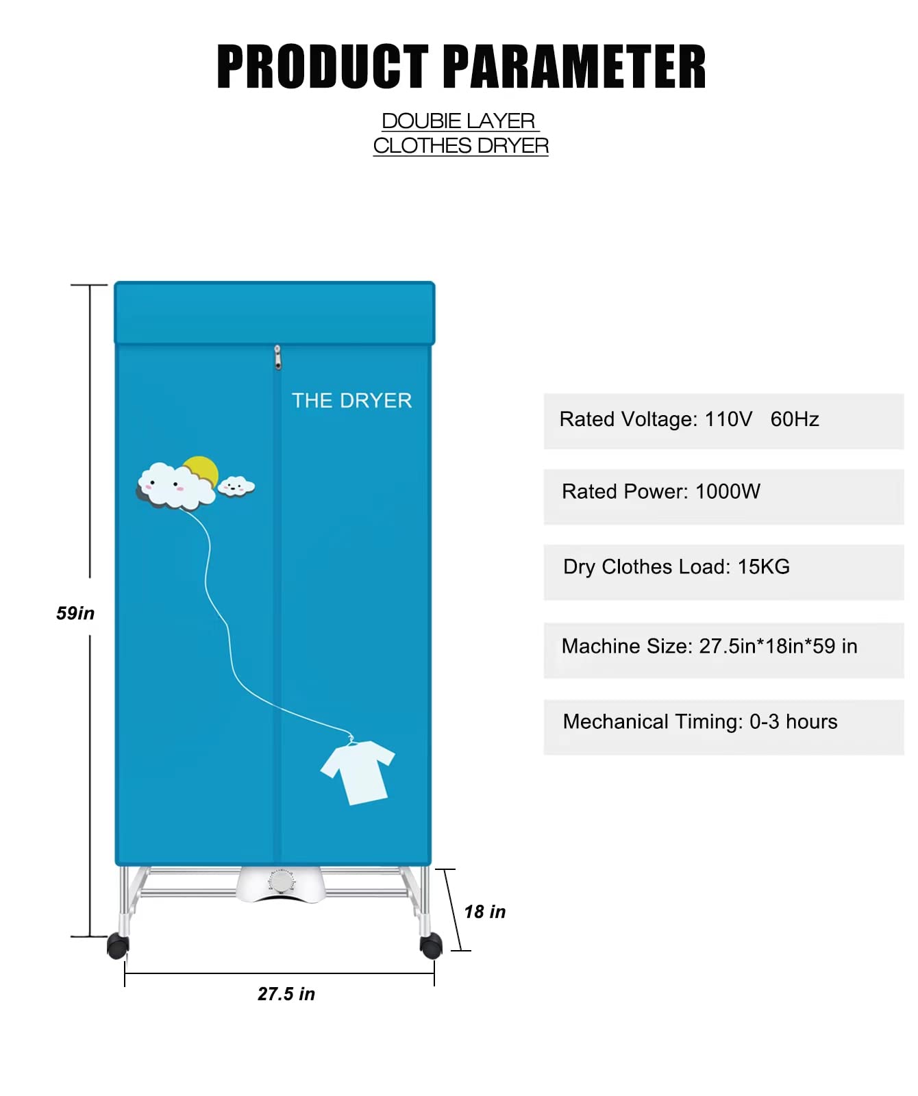 XIAQING Portable Dryer, 110V 1000W Electric Clothes Dryer Machine, Double Layer Stackable, Stainless Steel, Blue, 15kg Capacity, Front Load, Ideal for Apartments, RV, Families, Campers