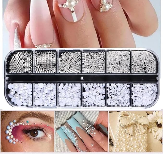 12Grids 3D Mixed White Pearls Nail Charms 0.15-0.5mm Semicircle Pearl Beads Nails Art Decorations White Nail Pearls for DIY Tool Nail Studs Accessories Pearl Nail Charms Mini Small Nail Beads (White)