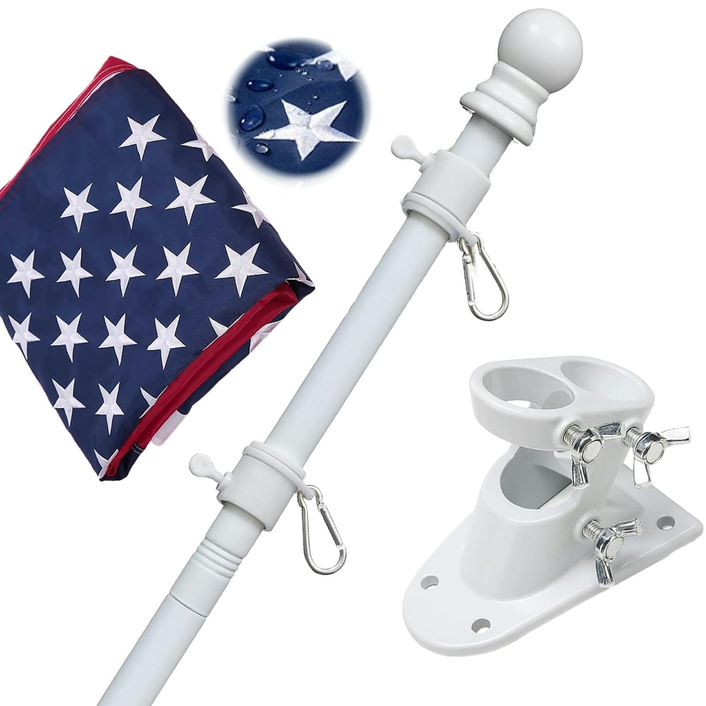 Flag Pole Kit with 3x5 American Flag Outdoor - 7ft Tangle Free Metal Flagpole with Holder Bracket & Embroidered US Flags - Rustproof Heavy Duty for Outside House Porch Garage Mount - White