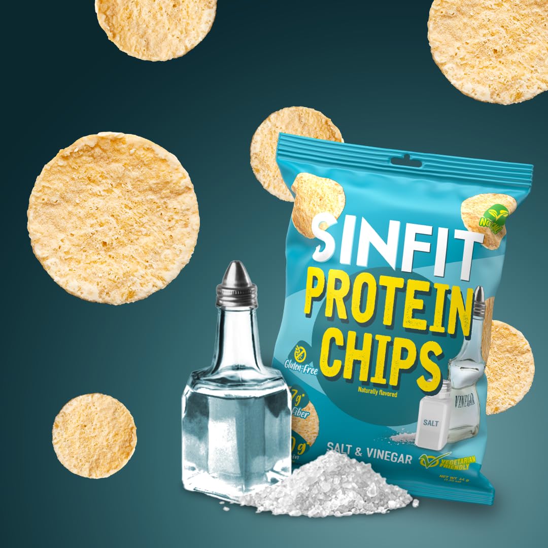 SinFit Protein Chips, 20g Protein/Bag, 50g-Bag, High Fiber, Low Carb, Gluten Free,7/box (7 Bags, Salt & Vinegar)