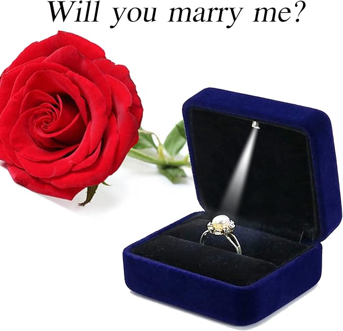 GBYAN Single Slot Velvet Ring Box for Engagement or Wedding with LED Light - Blue