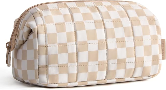 BAGSMART Makeup Bag Travel Toiletry Bag, Puffy Padded Make Up Bags for Women Makeup Organizer Case, Wide-open Pouch Purse Travel Essentials Toiletries Accessories Brushes, Checkered Khaki
