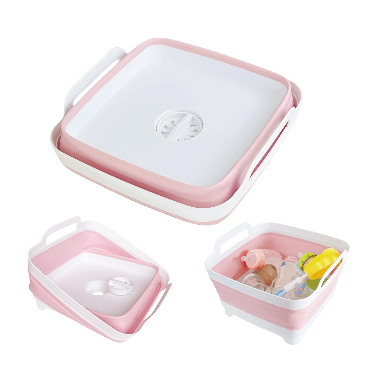 GIMWA Collapsible Wash Basin for Baby Bottles - 2.4 Gallons Portable Wash Bin for RV Camping Sink, Space-Saving Dish Tub (Pink)