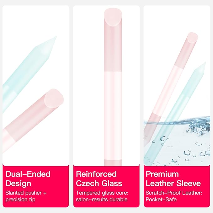 Curvlife 2-Pack Glass Cuticle Pushers with Leather Cases, Crystal Nail File Sticks for Cuticle Remover & Nail Care, Washable Reusable Manicure Tools for Natural & Acrylic Nails