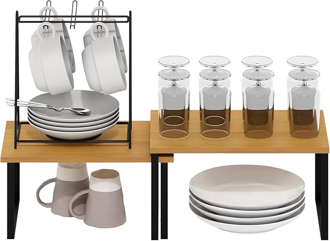 Furinno RAVEL Kitchen Countertop Organizer Set of 2, Nesting Counter Shelves, Kitchen Storage, Expandable, Stackable, Spice Rack, for Kitchen, Pantry, Coffee Bar, Beech