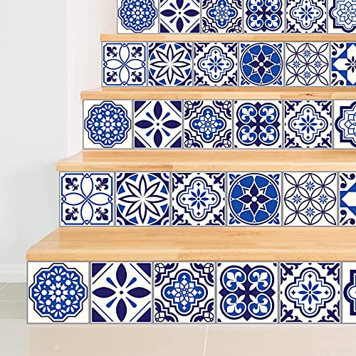 WALPLUS 24pcs 6" Peel and Stick Vinyl Backsplash Tiles Stickers Tile Paint Removable Waterproof Self-Adhesive Decals Vinyl Home Kitchen Bathroom Spring Easter Decoration (Spanish & Moroccan Blue)