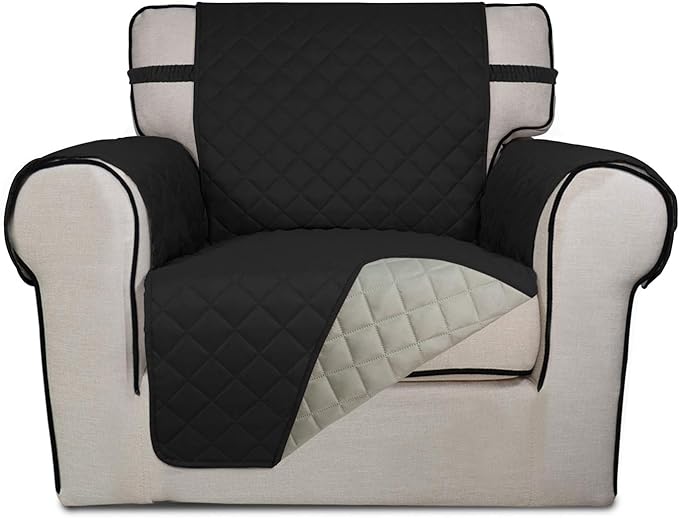 PureFit Reversible Quilted Sofa Cover, Water Resistant Slipcover Furniture Protector, Washable Couch Cover with Non Slip and Elastic Straps for Kids, Dogs, Pets (Chair, Black/Beige)