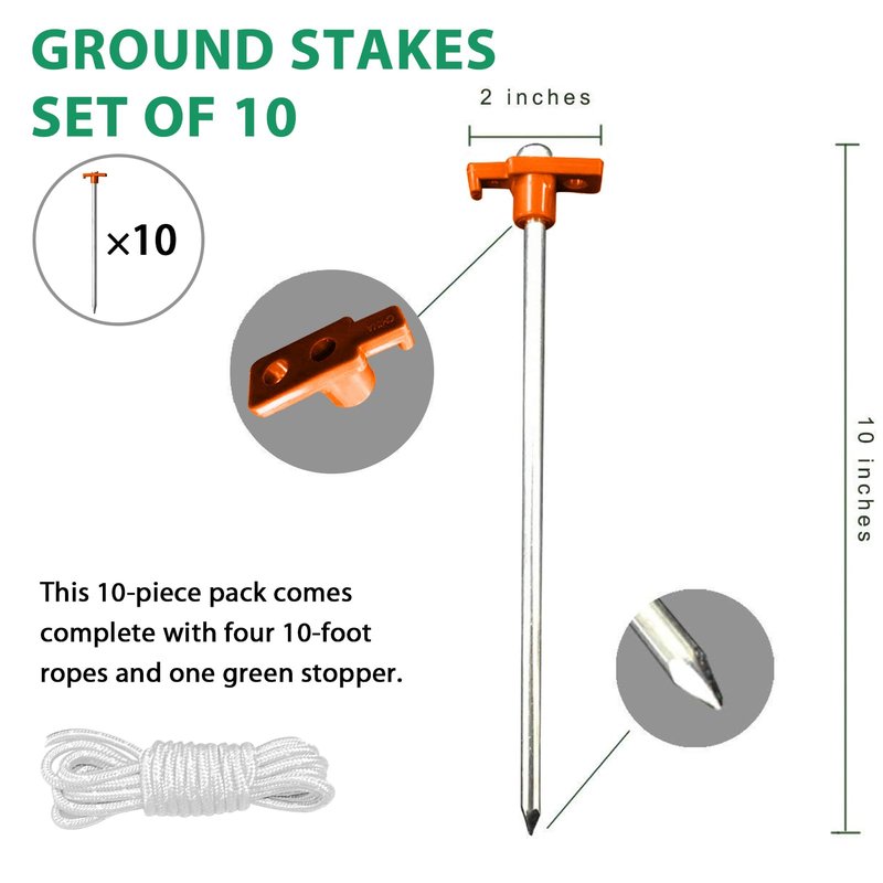 Eurmax USA 10-Pack Secure Protection Galvanized Tent Stakes,Rust-Proof Steel Canopy Anchors for High Winds,Heavy Duty Commercial Ground Pegs for Camping,Pop Up Tents&Gazebos - Includes 4x10ft Ropes