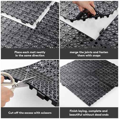 12PCS Interlocking Drainage Mat, 12" x 12" Non-Slip Splicing Rubber Drainage Floor Mats with Holes, Cushioning Floor Tiles Mats for Deck, Pool, Indoor Bathroom & Outdoor Balcony-Black