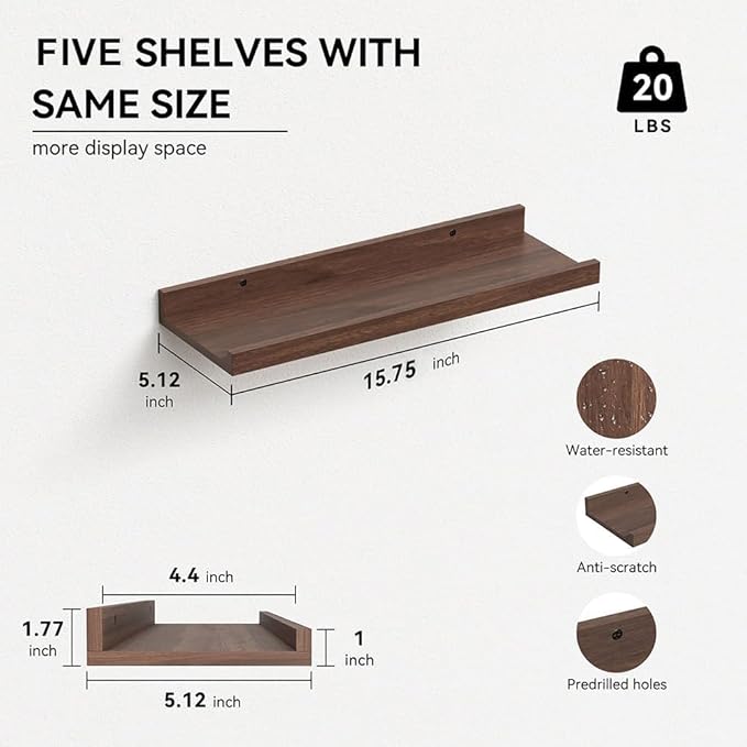 RICHER HOUSE 5 Set Floating Shelves for Wall Decor, Wall Mounted Book Shelf, Nursery Shelves Picture Ledge Shelf with Lip for Storage, Bedroom, Living Room, Bathroom - Walnut