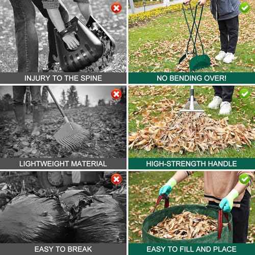 Leaf Grabber and Adjustable Metal Rake Set with Long Handle, 79-Gallon Reusable Yard Waste Bags & Gloves ? Complete Leaf Collector Tool Kit