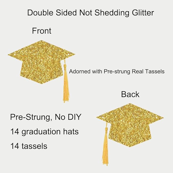 2026 Graduation Hats Decoration Banners Gold Glitter Graduation Cap with Tassel Banners Garlands Class of 2026 Graduate Party Banners for College High School Party Decorations