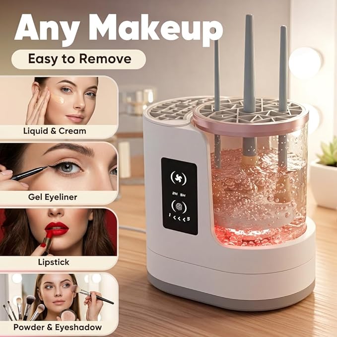 3-in-1 Electric Makeup Brush Cleaner with Air Drying Fan, Automatic Wash & Rinse, USB Powered, Designed for Single-Ended Brushes