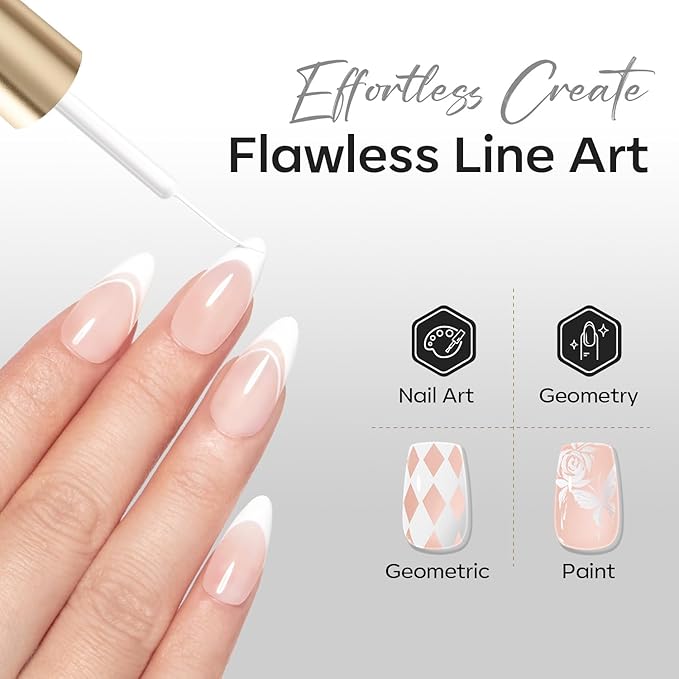 modelones White French Tip Liner Gel Polish, 15 ML Classic Color Nail Art Paint Swirl with Upgraded Fine Line Brush Soak Off U V DIY Home Salon Professional Manicure Design Gift for Women