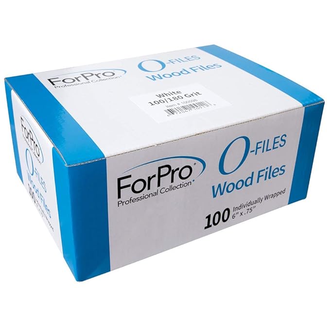 ForPro Professional Collection O-Files Wood Files, White, 100/180 Grit, Double-Sided Manicure & Pedicure Nail Files, Individually-Wrapped, 6” L x 0.75“ W, 100-Count