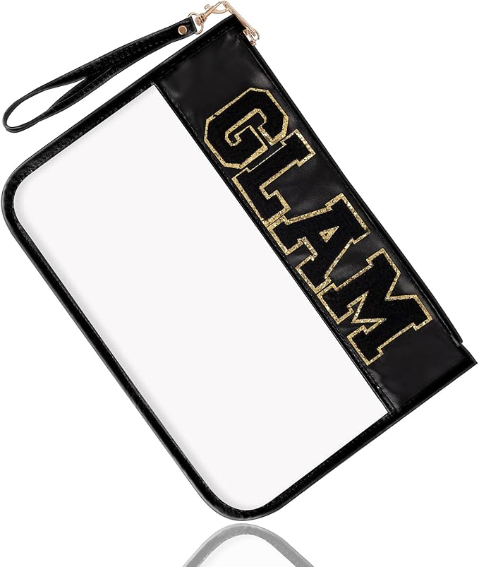 Izuzt Chenille Letter Clear Bag Glam Purse Pouch, Monogram PVC & PU Clear Zipper Pouch with Wristlet, Waterproof Portable Glitter Snacks Makeup Beach Toiletry Bag for Women Girls (GLAM-Black)