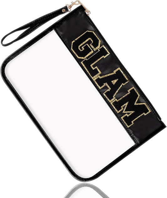 Izuzt Chenille Letter Clear Bag Glam Purse Pouch, Monogram PVC & PU Clear Zipper Pouch with Wristlet, Waterproof Portable Glitter Snacks Makeup Beach Toiletry Bag for Women Girls (GLAM-Black)