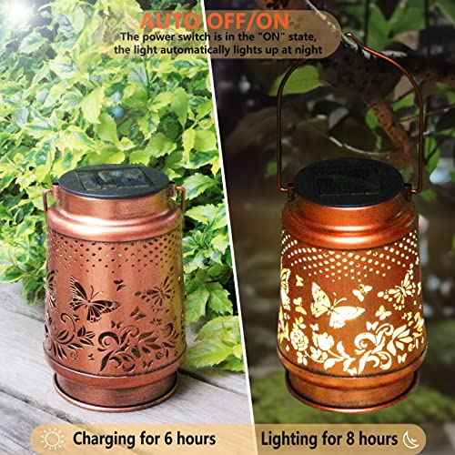 2 Pack Solar Butterfly Lanterns Outdoor Hanging Decor Lantern,Waterproof Hollow Out Retro Metal Decorative Garden Light,Graceful Decoration for Patio,Yard,Landscape,Festival