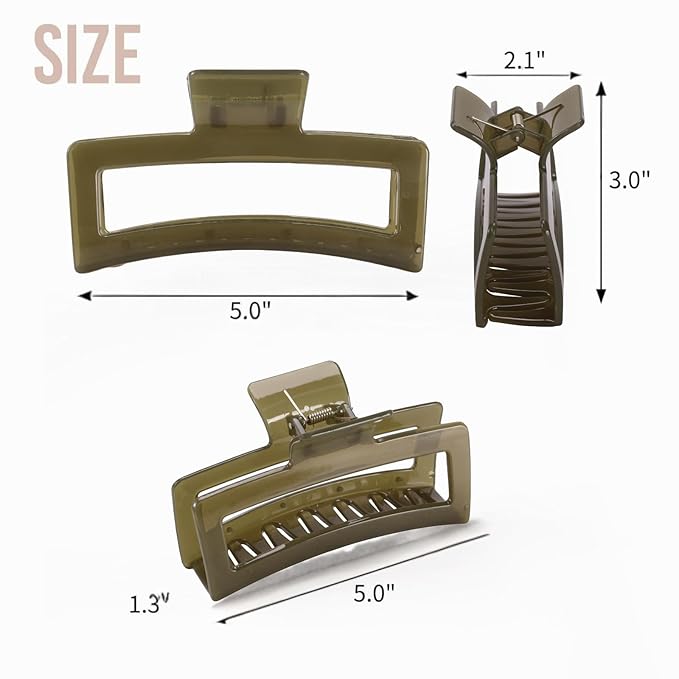 5 Inch Extra Large Claw Clips for Thick and Long Hair, 4 Pack XL Jumbo Clear Jelly Rectangle Hair Clips, Oversized Matte Non-Slip Strong Hold Jaw Clips for Women in Brown, Grey, and Light Green