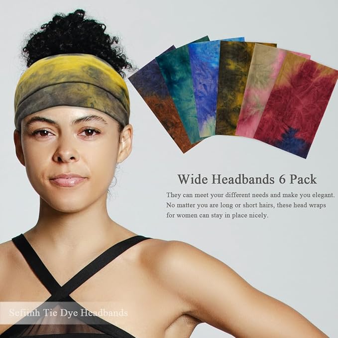 Sefiinh Wide Headbands For Women Stretch Headband Boho Head Bands Women's Hair Band Turban Workout Hairband Accessories Tie Dye 6 Pack