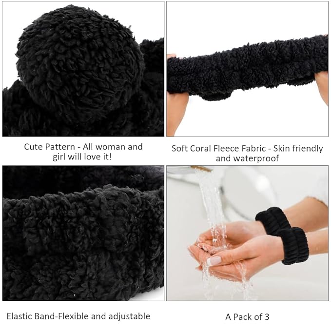 AHONEY Spa Bear Ears Headband, Face Wash Headband and Wristband Set, Cute Makeup Skincare Headbands Wrist Bands for Washing Face Elastic Fluffy Headband for Women Girls Cosmetic (Black)