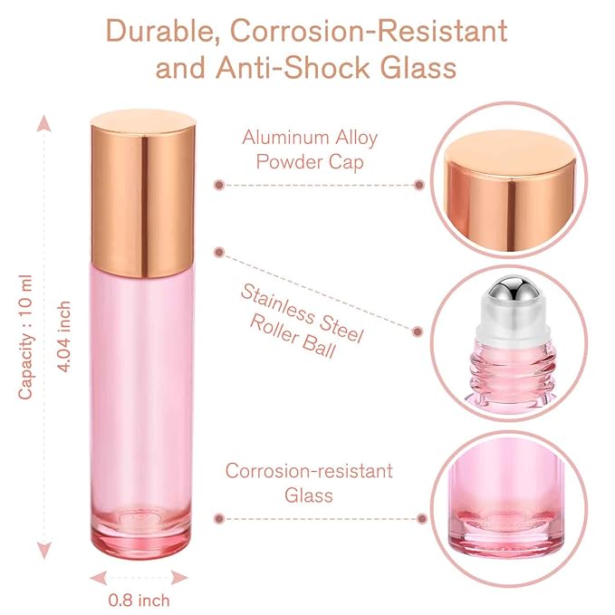 PrettyCare 24 Pack, 10 ml Essential Oil Roller Bottles with Stainless Steel Roller Ball - Refillable Leak-proof Empty Thick Pink Glass Roll on Bottles with Metal Caps for Travel, Perfume